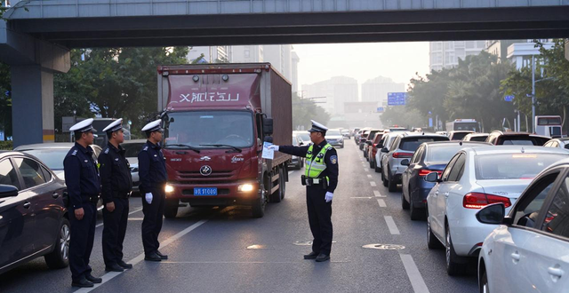 南宁市快环限行货车 交警拦下货车 友爱立交桥货车限行_限行